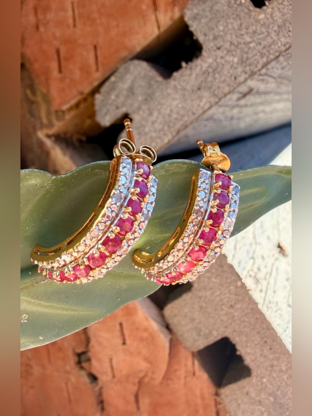 Ruby & Diamond Earrings 18K Yellow Gold Over Sterling Silver 2.02 CTW